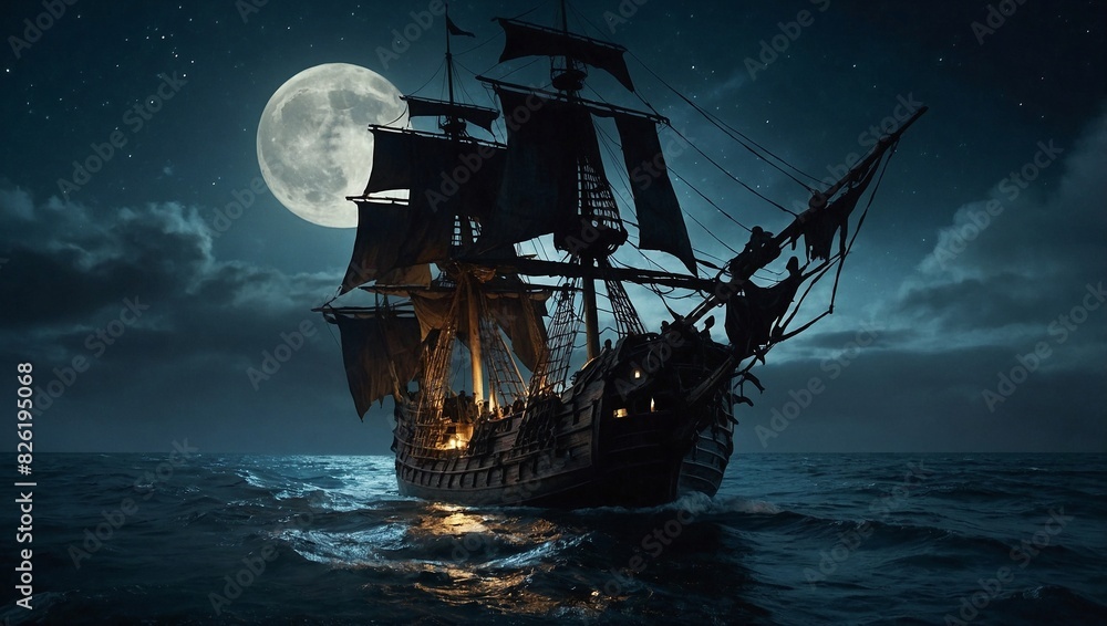 Produce an atmospheric depiction of a ghostly pirate