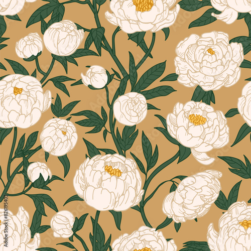 Flower pattern, seamless background. Peonies, repeating floral print for wall...