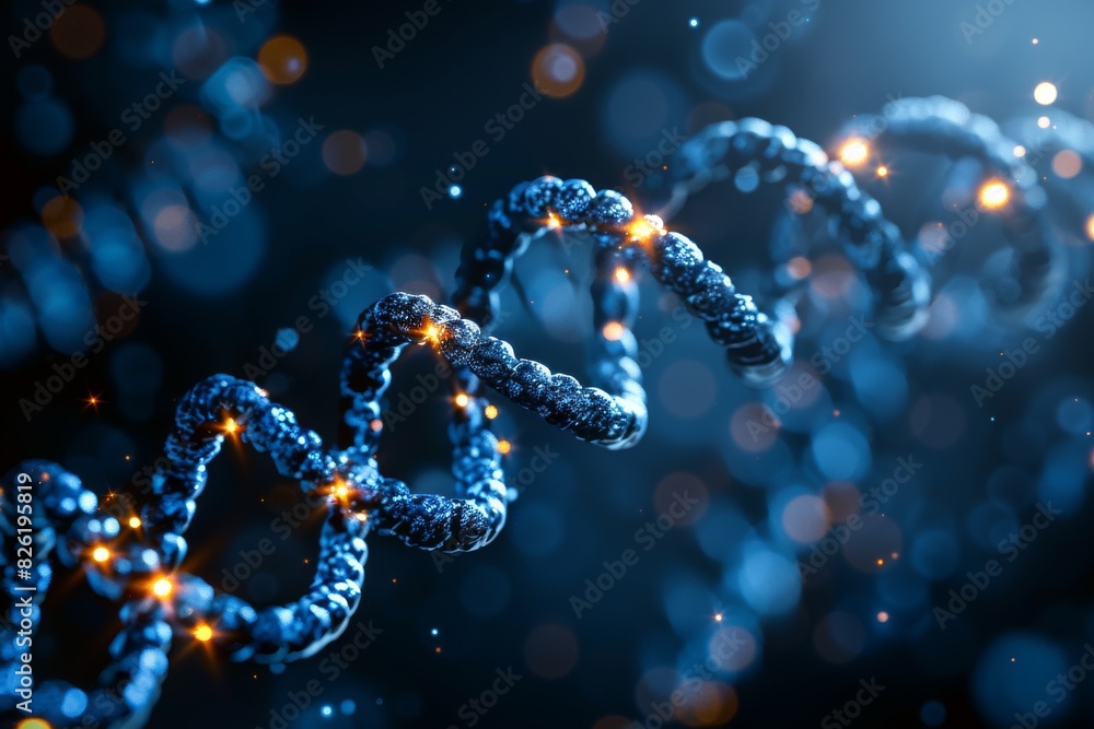 Close up of a blue DNA strand with glowing elements, captured in a dark, high tech setting, symbolizing genetics and biotechnology Close up of a blue DNA strand with glowing elements, captured in a dark, high tech setting, symbolizing genetics and biotechnology