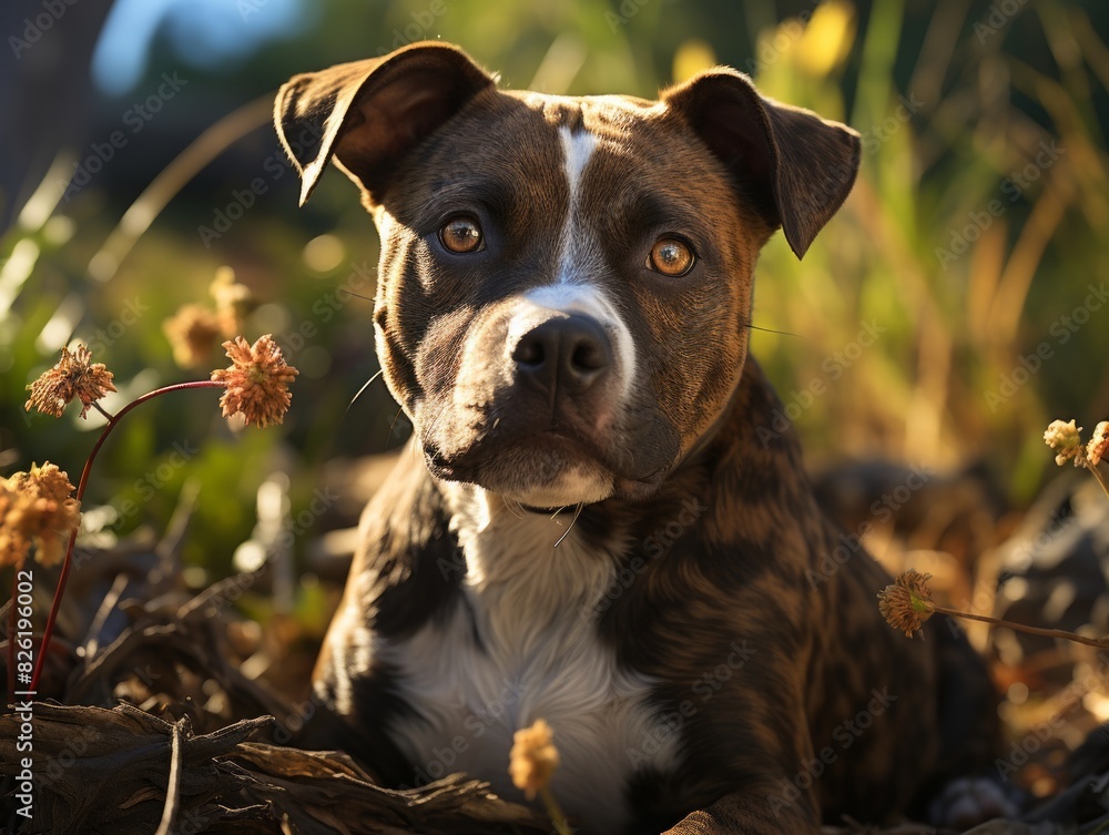 Portrait of a cute mixed breed dog lying on the ground in autumn Portrait of a cute mixed breed dog lying on the ground in autumn