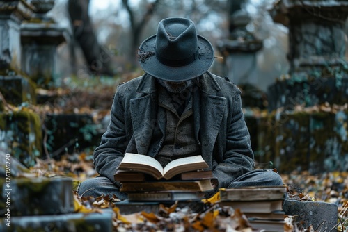 A somber man in a fedora and coat is engrossed in a book amongst autumn leaves in a cemetery setting