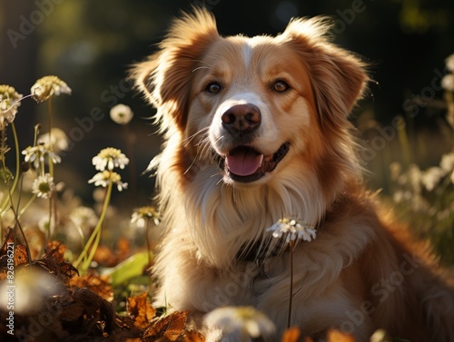 Portrait of a cute mixed breed dog lying on the ground in autumn © Darcraft