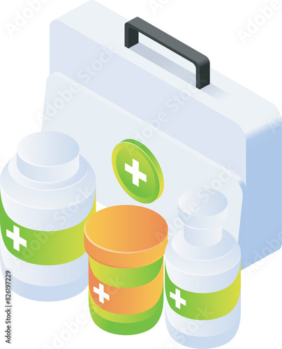 Bottle and bag pharmacy of isometric style
