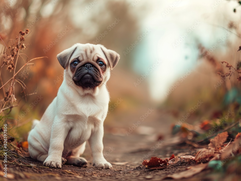 Pug puppy is sitting in the autumn park.