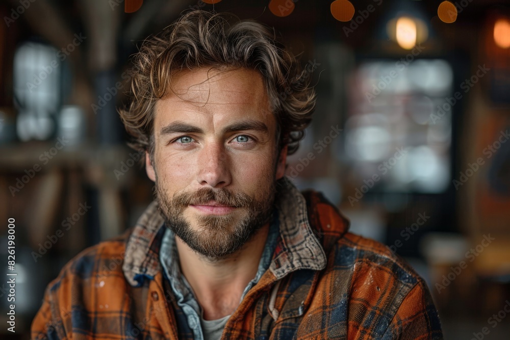 Obraz premium Casual, handsome man smiles gently in a rustic bar or restaurant setting