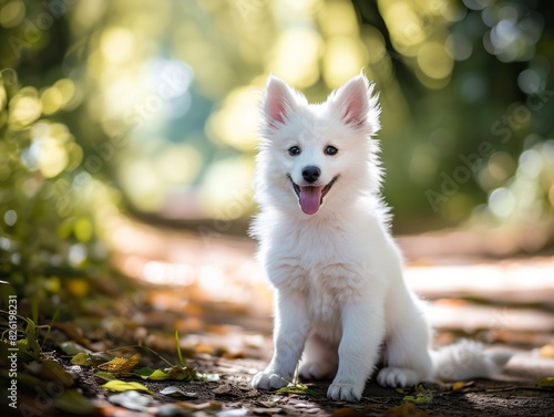 Cute spitz puppy is sitting in the autumn park.