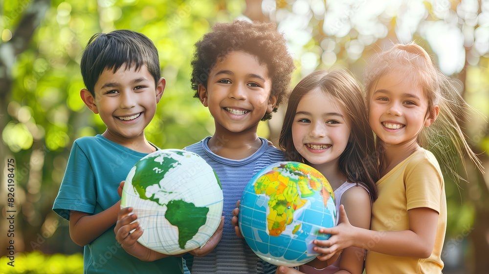 Happy children holding the globe in their hands. Global peace and human ...