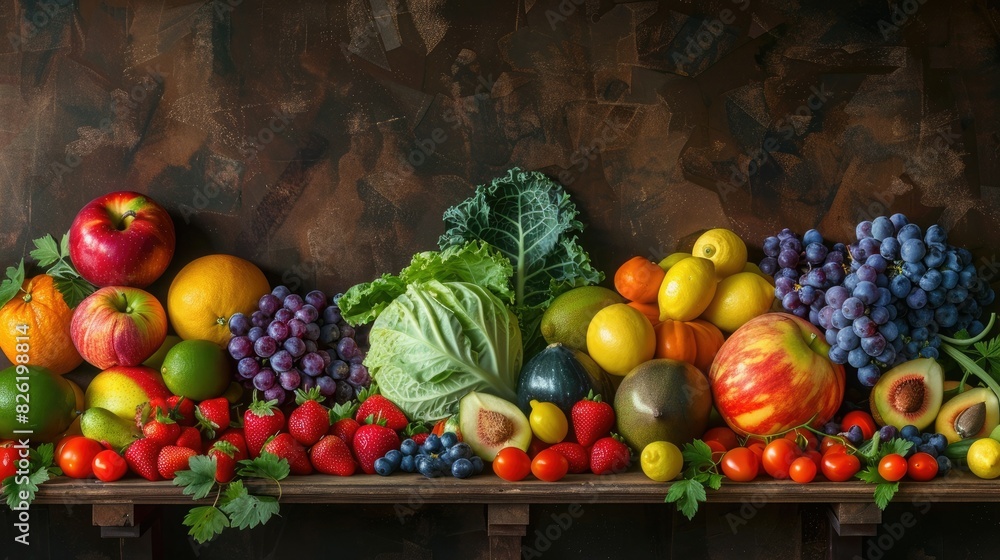 Fruits and vegetables arranged on a wooden shelf, showing a colorful range of vegetables and fruits. The background is gray with soft shadows that highlight the color and shape of each fruit Fruits and vegetables arranged on a wooden shelf, showing a colorful range of vegetables and fruits. The background is gray with soft shadows that highlight the color and shape of each fruit