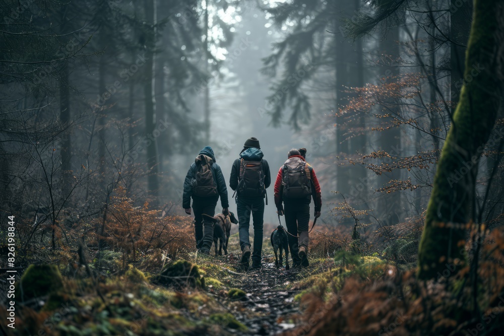 A group of people walking with a dog in the dark forest. Search and rescue operations