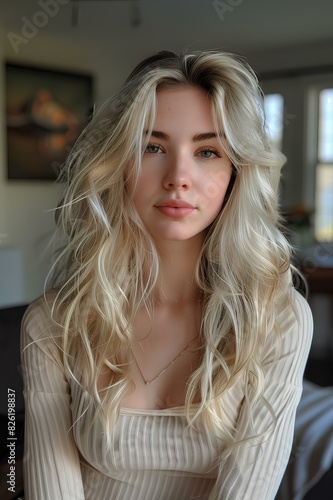Portrait of a young woman with long golden hair, natural skin