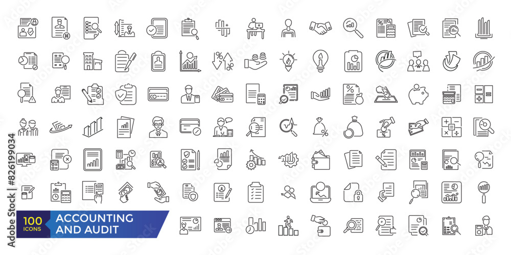 Accounting and audit icons set. Related to accounting, audit, taxes. Outline icon collection. Editable stroke illustration. Vector ui and web icon. Accounting and audit icons set. Related to accounting, audit, taxes. Outline icon collection. Editable stroke illustration. Vector ui and web icon.