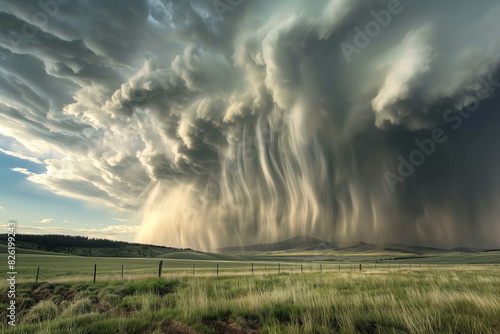 Dramatic Rainfall from Massive Storm Clouds Over Field