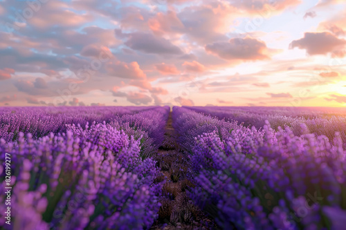 lavender field at sunset. beautiful sky with pink clouds