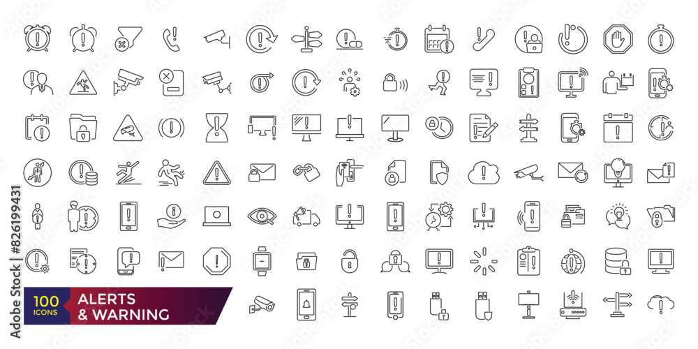 Alerts and Warning Line Icons. Contains such Icons as Alert, Exclamation Mark, Warning Sign and more. Editable stroke illustration. Vector ui and web icon. Alerts and Warning Line Icons. Contains such Icons as Alert, Exclamation Mark, Warning Sign and more. Editable stroke illustration. Vector ui and web icon.