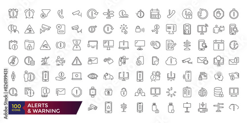 Alerts and Warning Line Icons. Contains such Icons as Alert, Exclamation Mark, Warning Sign and more. Editable stroke illustration. Vector ui and web icon.