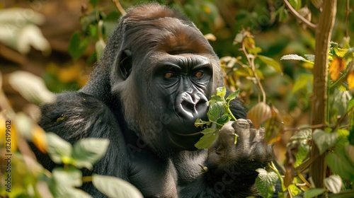 A gorilla foraging for food.  © Chhayny