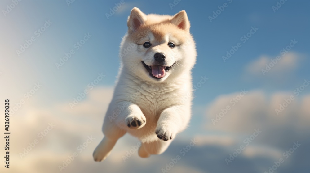 Cute dog jumping up over blue sky background Cute dog jumping up over blue sky background