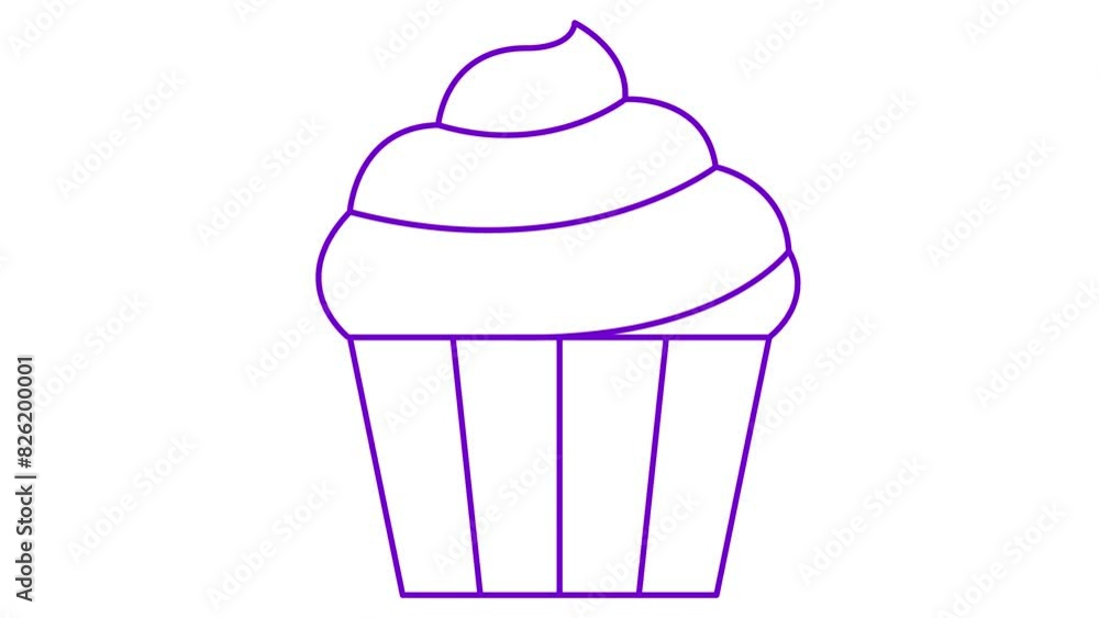 Animated violet linear cupcake is drawn. Line purple symbol of cake. Concept of bakery, cafe, dessert, sweet food. Looped video. Vector illustration isolated on white background. Animated violet linear cupcake is drawn. Line purple symbol of cake. Concept of bakery, cafe, dessert, sweet food. Looped video. Vector illustration isolated on white background.