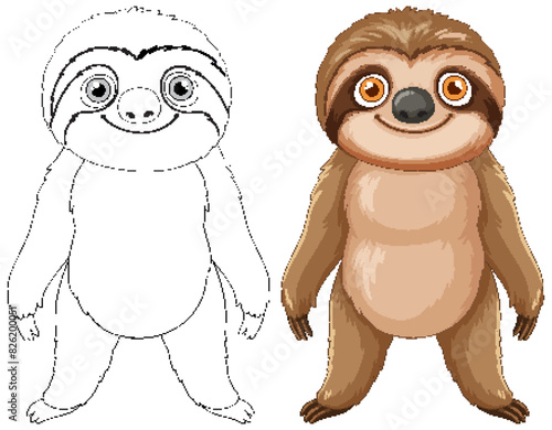 Adorable sloth in color and outline