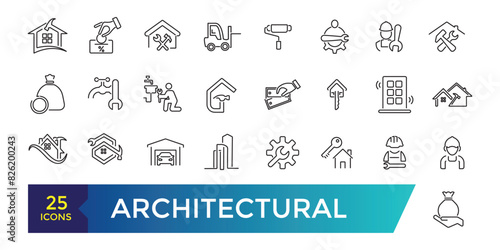 Architectural icon set. Line icons of architecture project for engineer documents and plans. Editable stroke illustration. Vector ui and web icon.