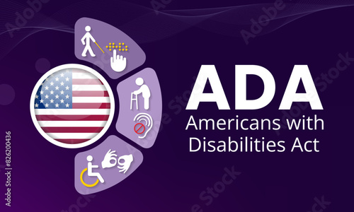 The Americans with disability act is observed every year on July 26, ADA is a civil rights law that prohibits discrimination based on disability. Vector illustration.