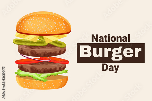 National Burger Day. Junk food day. Fast food day.  Cartoon Vector illustration. Burger in comic style.  Holiday and celebration. Retro. Fast food and burger concept. Cafe and restaurants. Takeaway . 