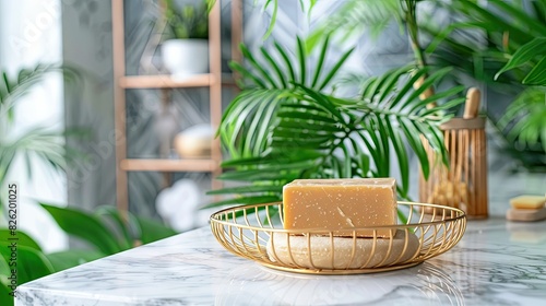Luxurious bar of soap in an elegant gold wire bowl on a marble countertop in a modern bathroom with green plant leaves in the background. There is a white towel nearby.