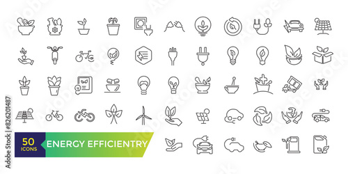 Energy efficiency icon set. energy-saving light bulb, solar panel, circular economy, battery, home insulation. Editable stroke illustration. Vector ui and web icon. photo