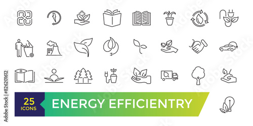 Energy efficiency icon set. energy-saving light bulb, solar panel, circular economy, battery, home insulation. Editable stroke illustration. Vector ui and web icon.