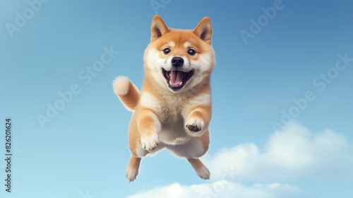 Cute shiba inu dog jumping up over blue sky background photo