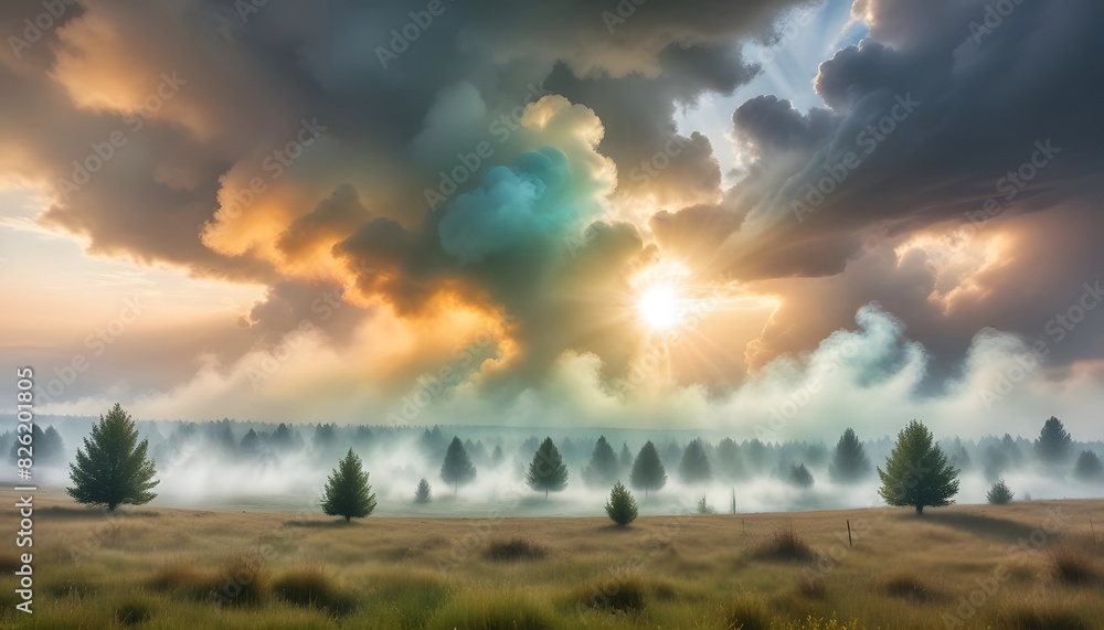Obraz premium Misty landscape with fir forest in hipster vintage retro style. Ai generate