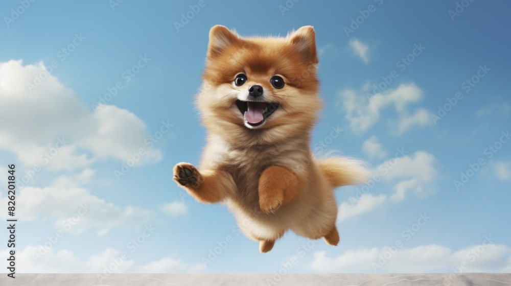 Obraz premium Cute spitz dog jumping up over blue sky background
