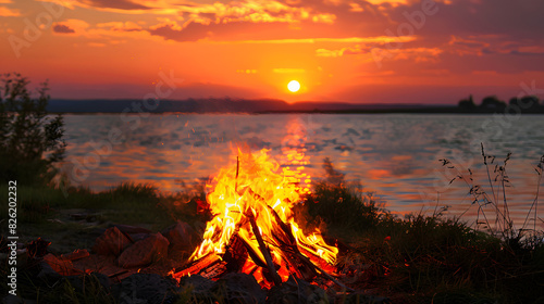 raft a prompt that evokes the intimate ambiance of a bonfire during a vibrant sunset
