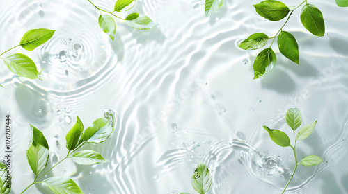 White background with water ripples and green leaves.