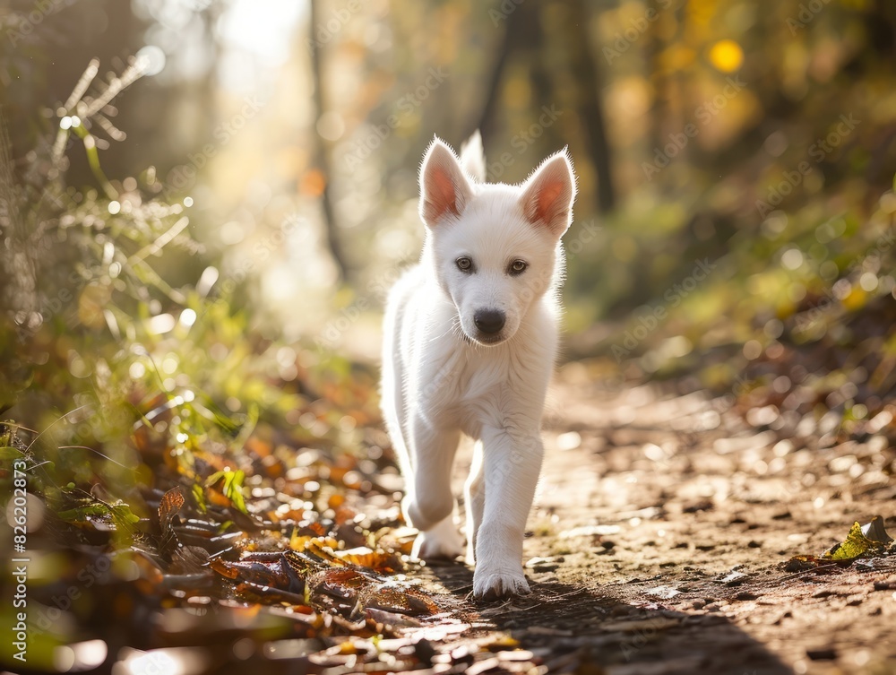 White husky shepherd puppy on a path in nature