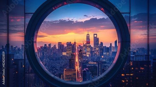 City skyline framed through a circular window