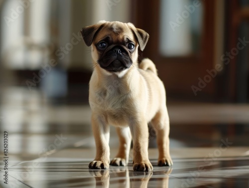 Young pug puppy standing at home