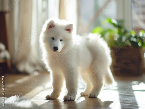 Young samoyed puppy standing at home
