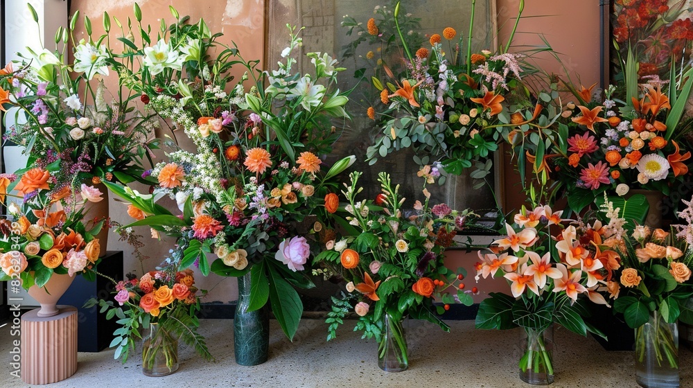 A collection of vases holding diverse blooms in front of a wall featuring a window A collection of vases holding diverse blooms in front of a wall featuring a window
