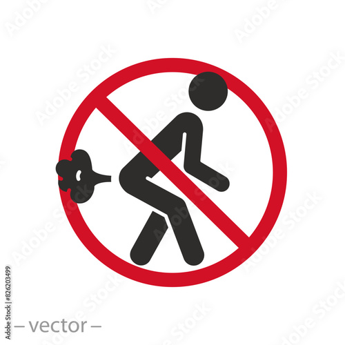 prohibition fart icon, stop bad smell, no farting, flat symbol on white background - vector illustration