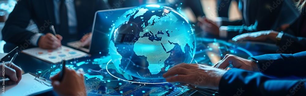 digital map on the laptop screen. The focus is on highlighting details like data points glowing from different parts of world map, representing global network or connectivity concept.