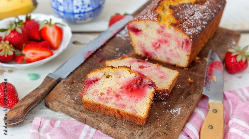 A loaf of strawberry bread sits on a cutting board with strawberries nearby and a knife for slicing A loaf of strawberry bread sits on a cutting board with strawberries nearby and a knife for slicing