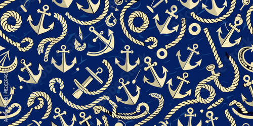 A seamless nautical-themed pattern with yellow anchors, coiled ropes, and stars on a blue background. The design includes detailed illustrations of various knot styles and small maritime elements