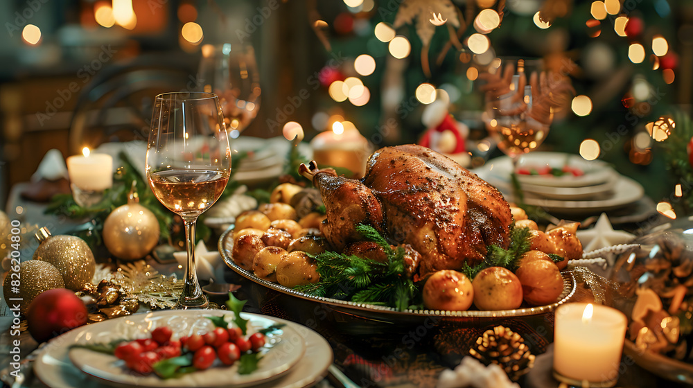 Christmas meal served on the table with decorations Christmas meal served on the table with decorations