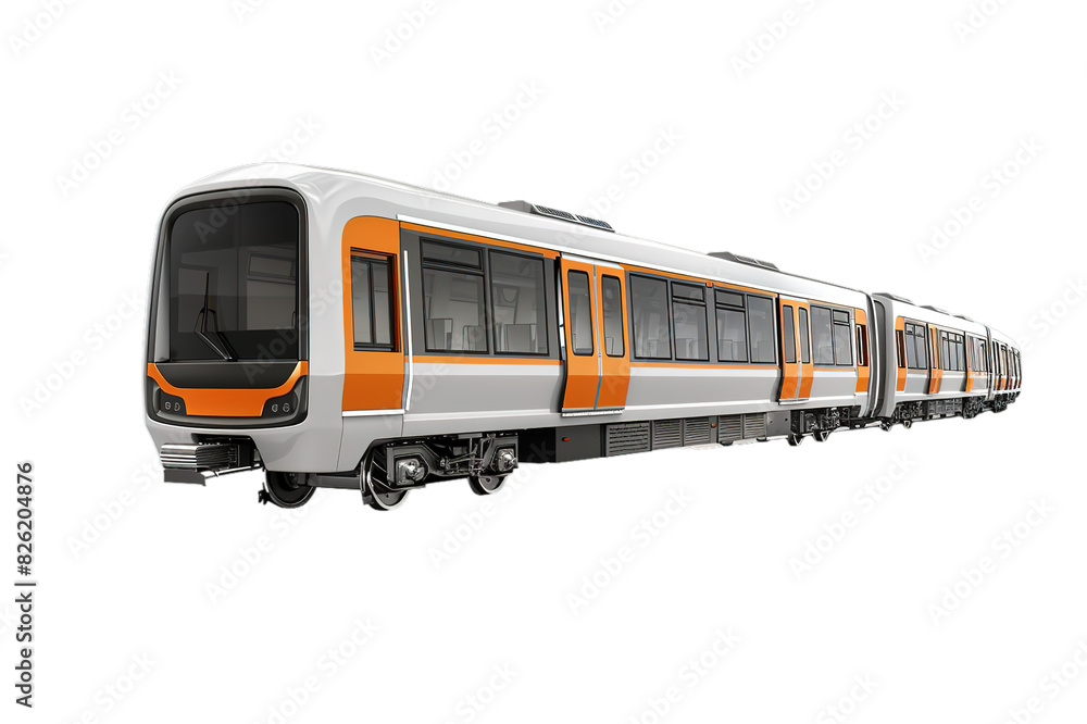 Modern orange and white metro train on transparent background