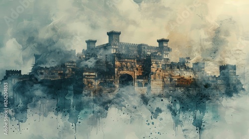 Beautiful watercolor painting of an ancient fantasy castle surrounded by mist and clouds, evoking a sense of mystery and adventure.