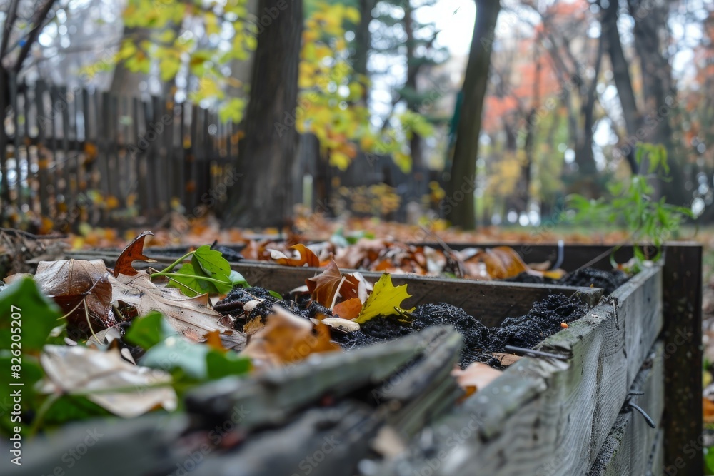 Closeup of fallen leaves and rich soil in an old wooden planter box during autumn