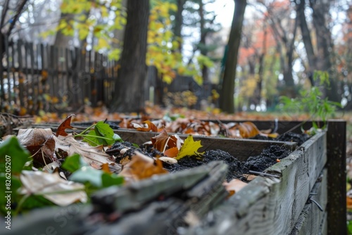 Closeup of fallen leaves and rich soil in an old wooden planter box during autumn