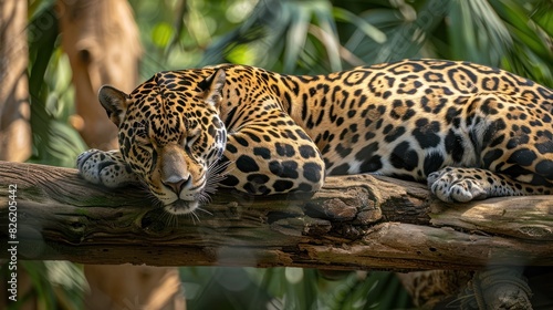 A jaguar resting on a branch. 