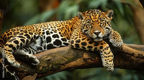 A jaguar resting on a branch.